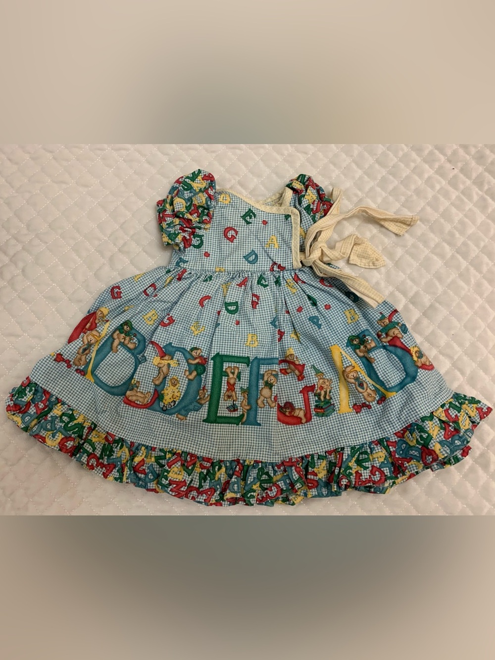 Antique/Vintage Doll Dress Handmade,Colorful Alphabet & Teddy Bear Print,Cute